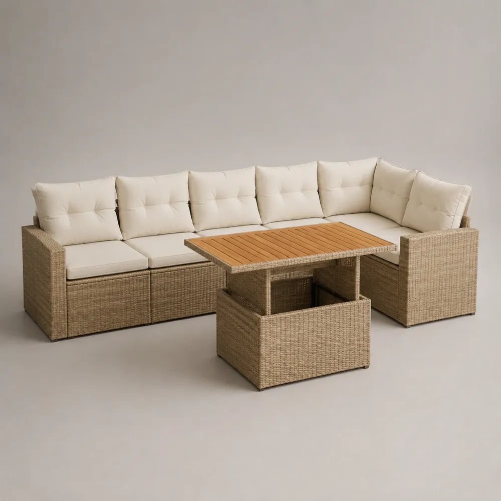 Set divano angolare da giardino 5 posti con tavolo rettangolare in rattan PE e legno, beige, crema e marrone naturale, divano 230 x 180 x 75 cm, tavolo 120 x 70 x 68 cm