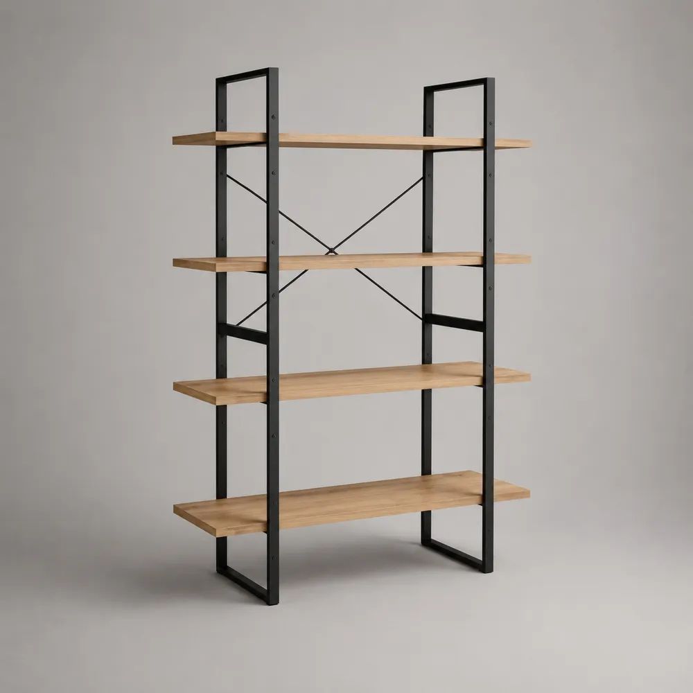 Libreria rettangolare a 4 ripiani in legno e acciaio, rovere naturale e nero, 120 × 35 × 180 cm