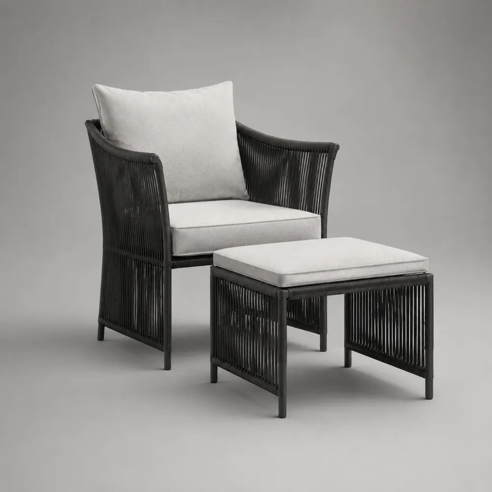 Set da giardino 2 pezzi in alluminio e corda PE antracite con poltrona 72 x 78 x 88 cm, poggiapiedi 60 x 48 x 43 cm e cuscini grigio chiaro