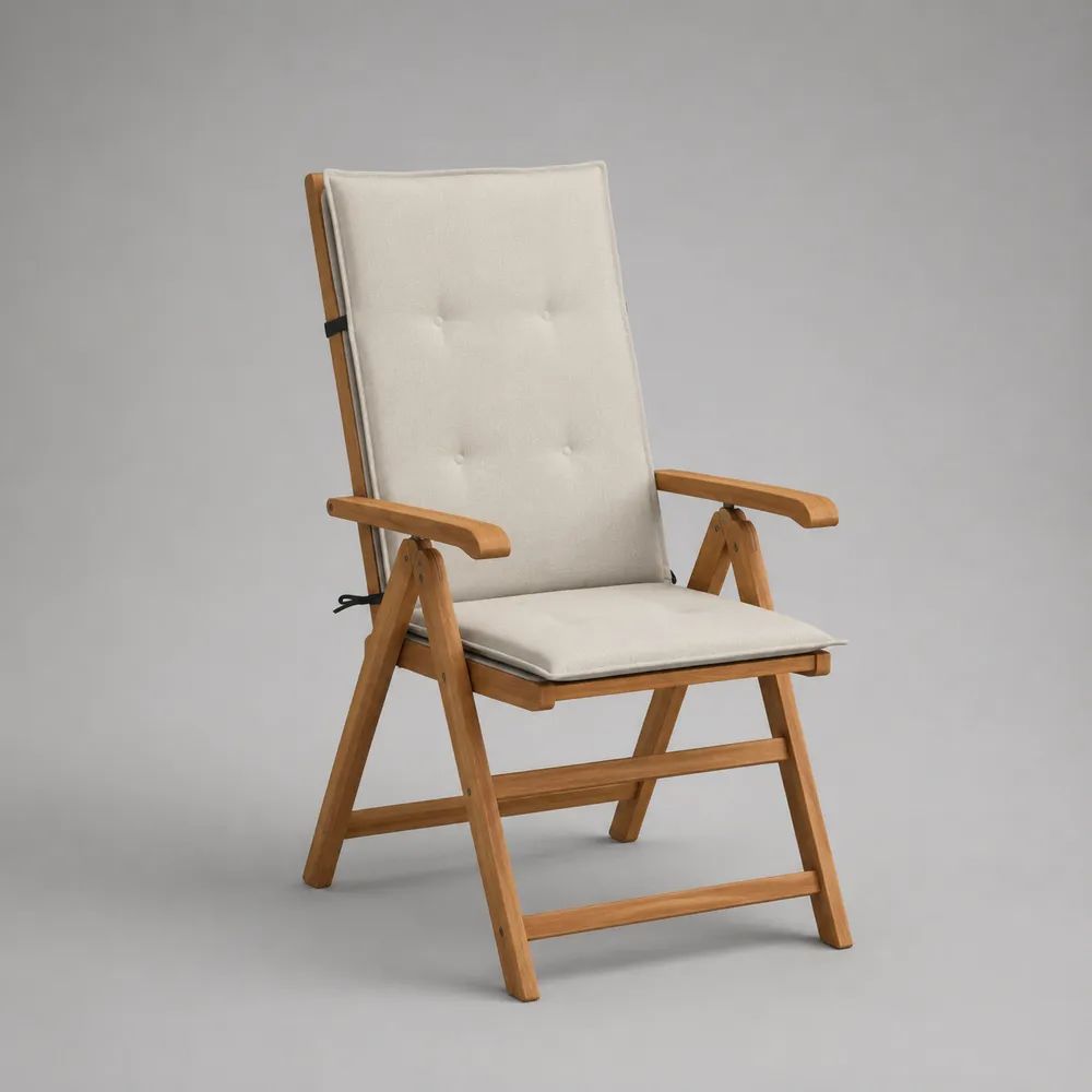 Poltrona reclinabile pieghevole da esterno in legno massello di acacia con cuscino beige, 68 x 72-94 x 110 cm