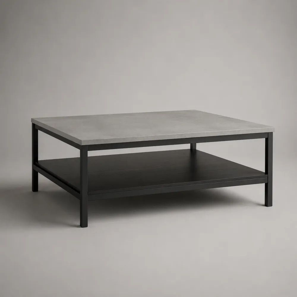 Tavolino da salotto quadrato in MDF effetto cemento con struttura in acciaio nero, 80 x 80 x 45 cm
