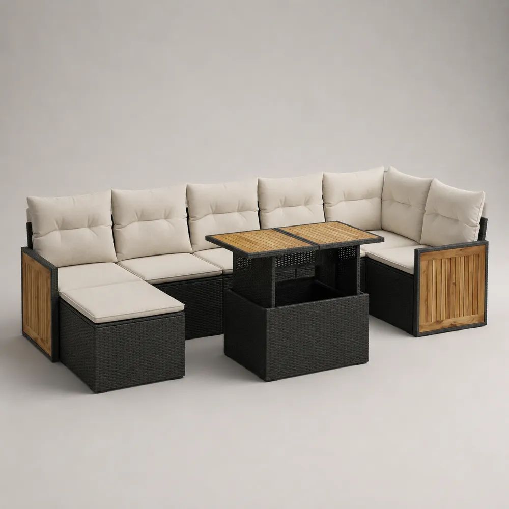 Set divano da giardino per esterno a 8 posti in polyrattan, acciaio e legno con tavolo, 240 x 180 x 74 cm, nero, crema e naturale
