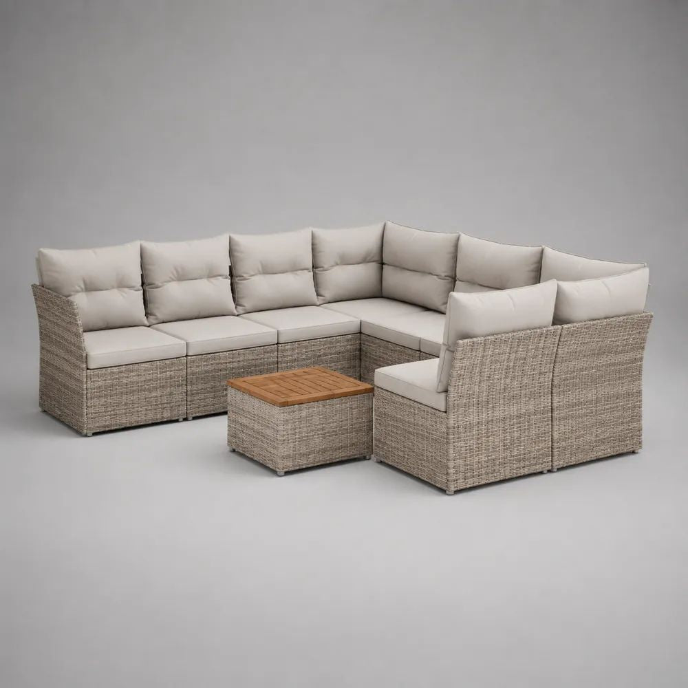 Set divano da giardino modulare a U in polyrattan PE tortora, 7 pezzi, 6 posti con tavolino, 260 × 200 × 70 cm