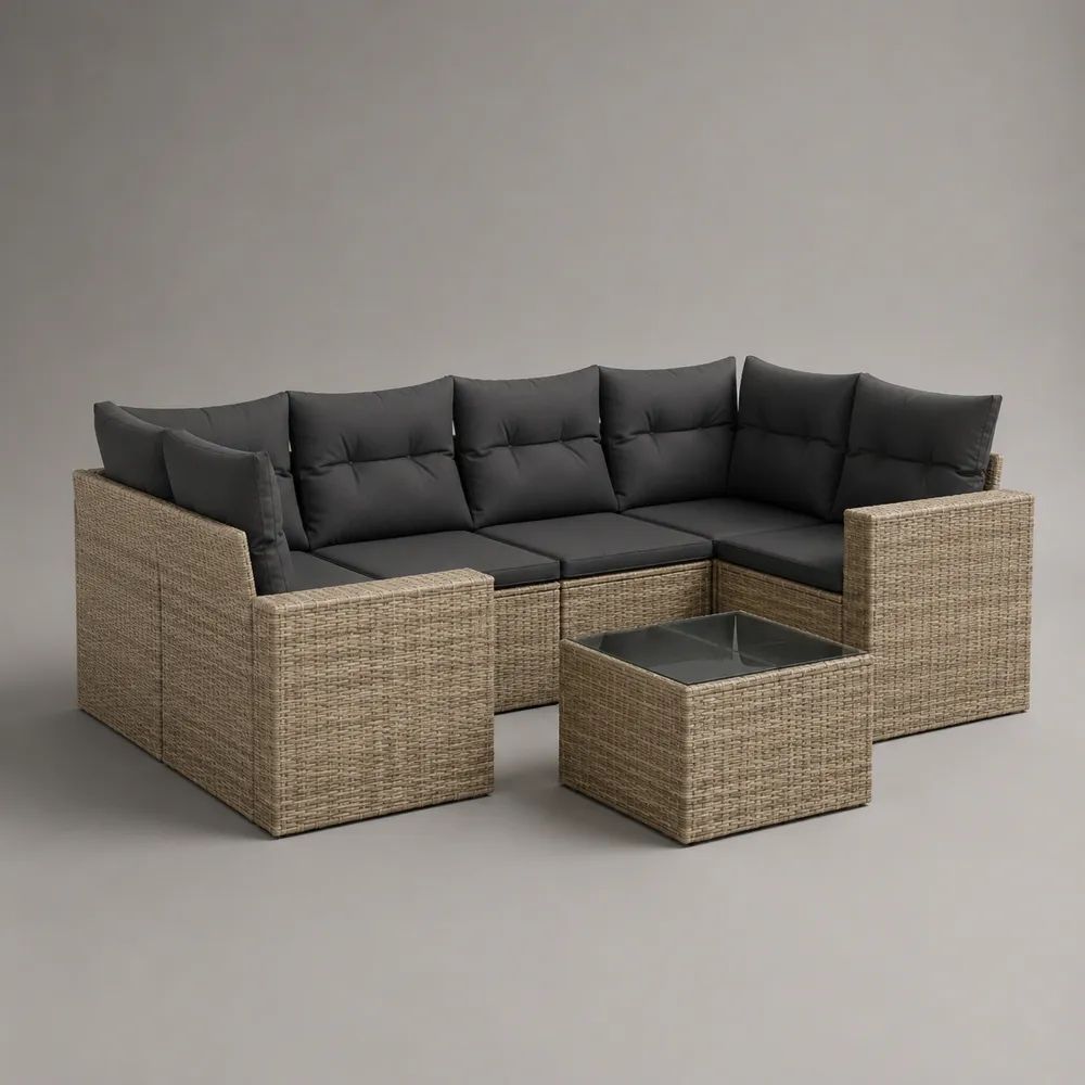 Salotto da giardino angolare a U 7 pezzi in polyrattan e acciaio con tavolino, beige e grigio antracite, 280 x 140 x 61 cm