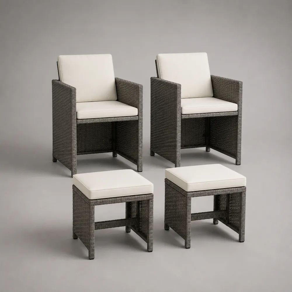 Set da esterno 4 pezzi in polyrattan grigio con 2 poltrone 58 x 60 x 85 cm e 2 poggiapiedi 42 x 42 x 42 cm, cuscini crema