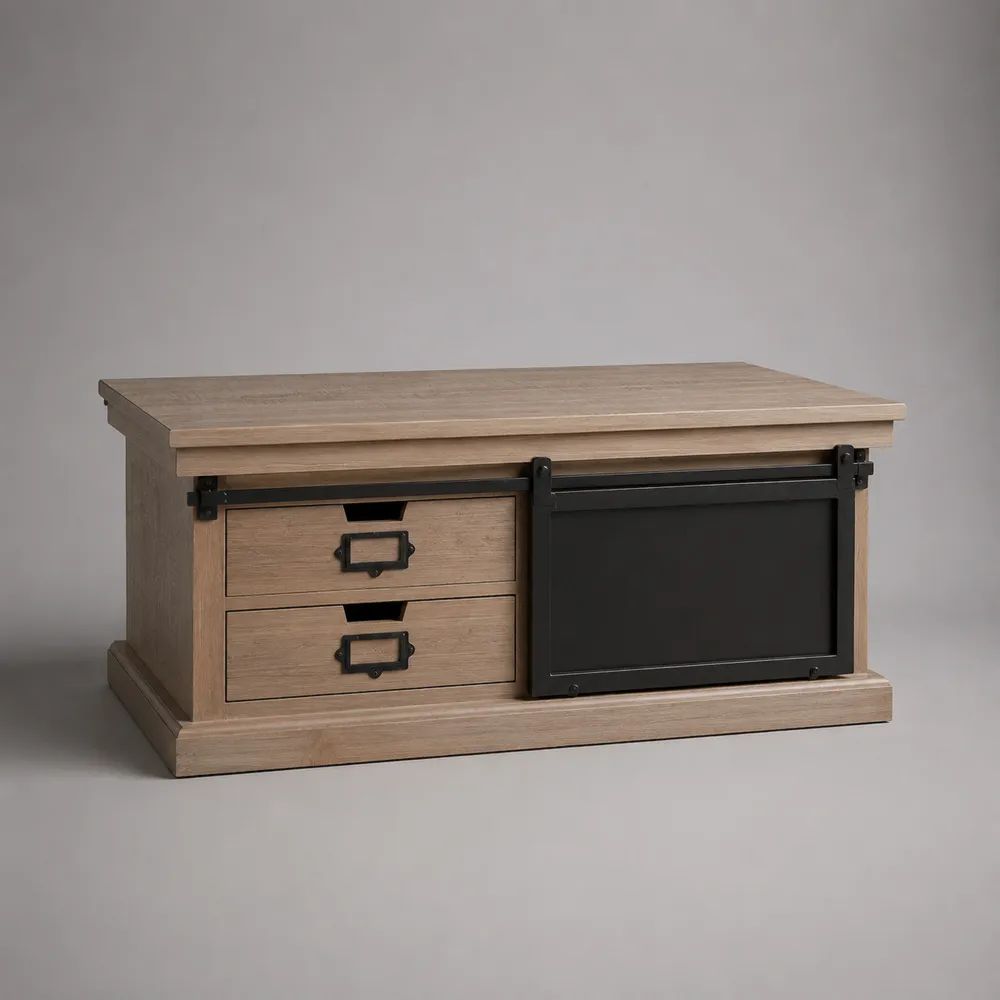 Tavolino contenitore rettangolare in legno e acciaio effetto rovere chiaro e nero, 2 cassetti e anta scorrevole, 100 x 55 x 50 cm