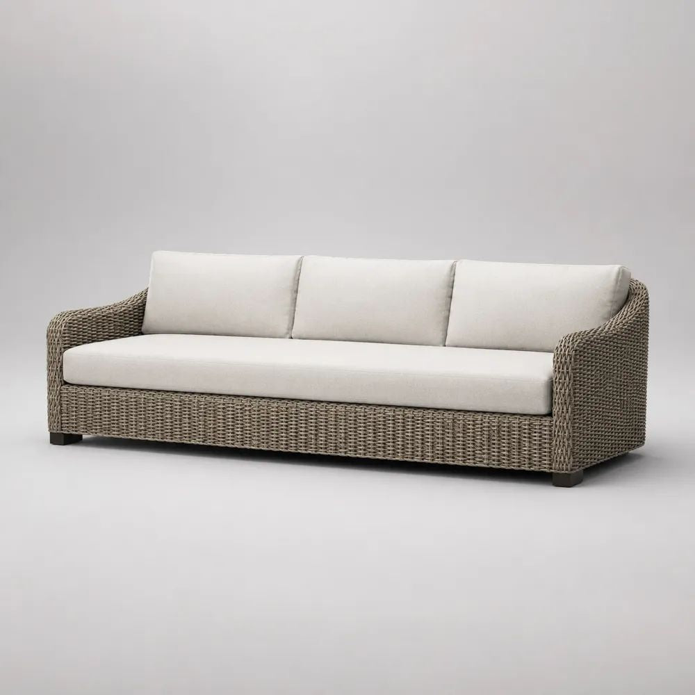 Divano da esterno rettangolare a 3 posti in rattan PE e metallo con cuscini in tessuto, tortora e crema, 220 x 90 x 80 cm