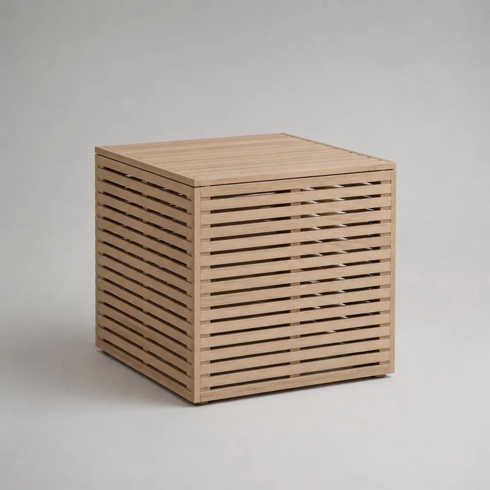 Baule da esterno quadrato a doghe in legno massello naturale, 80 × 80 × 80 cm
