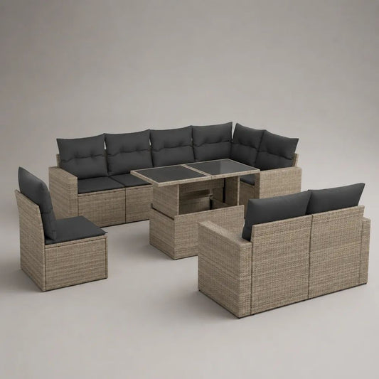 Set salotto da giardino 8 elementi in rattan PE tortora con cuscini antracite, divano angolare 245 x 185 x 75 cm e tavolo 140 x 75 x 68 cm