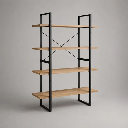 Libreria rettangolare a 4 ripiani in legno e acciaio, rovere naturale e nero, 120 × 35 × 180 cm