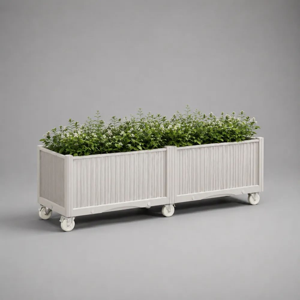 Set di 2 fioriere rettangolari da esterno in metallo bianco con ruote, 80 × 35 × 48 cm ciascuna