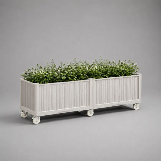 Set di 2 fioriere rettangolari da esterno in metallo bianco con ruote, 80 × 35 × 48 cm ciascuna