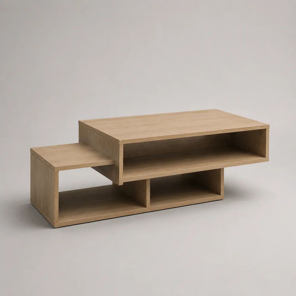 Tavolino da salotto rettangolare in truciolare melaminico effetto rovere naturale con ripiani e vani aperti, 110 x 55 x 45 cm