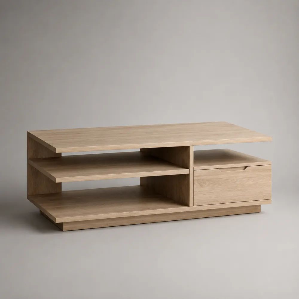 Tavolino da salotto rettangolare in pannello truciolare melaminico, Rovere chiaro, con cassetto e 3 vani, 100 × 55 × 42 cm