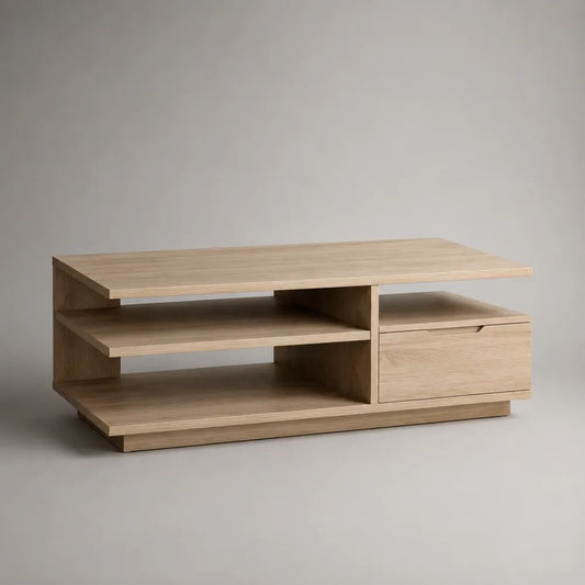 Tavolino da salotto rettangolare in pannello truciolare melaminico, Rovere chiaro, con cassetto e 3 vani, 100 × 55 × 42 cm