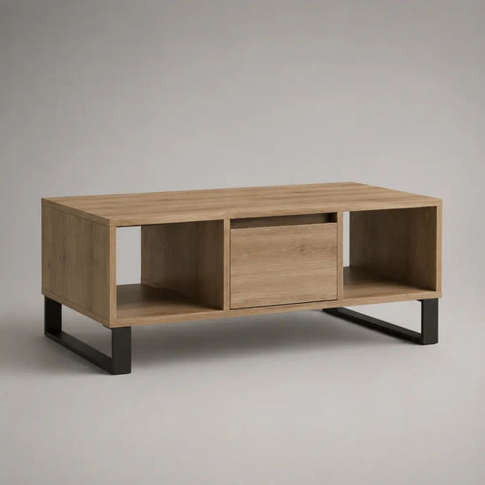 Tavolino da salotto rettangolare in legno e acciaio con cassetto e 2 vani, rovere naturale e nero, 100 x 55 x 45 cm