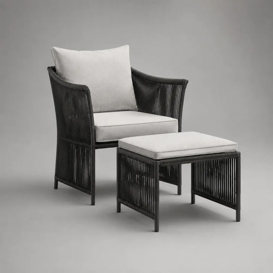 Set da giardino 2 pezzi in alluminio e corda PE antracite con poltrona 72 x 78 x 88 cm, poggiapiedi 60 x 48 x 43 cm e cuscini grigio chiaro