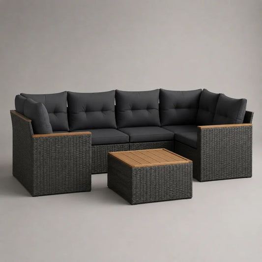 Set divano angolare modulare da esterno 6 pezzi in rattan PE grigio scuro con cuscini antracite, 242 x 180 x 74 cm, tavolino 70 x 70 x 35 cm