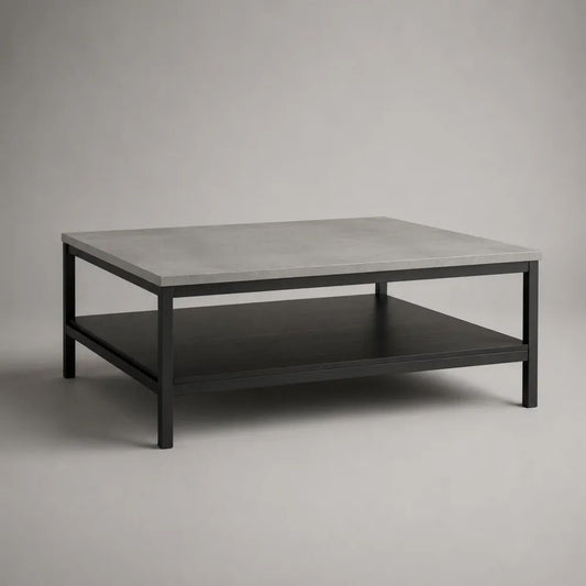 Tavolino da salotto quadrato in MDF effetto cemento con struttura in acciaio nero, 80 x 80 x 45 cm