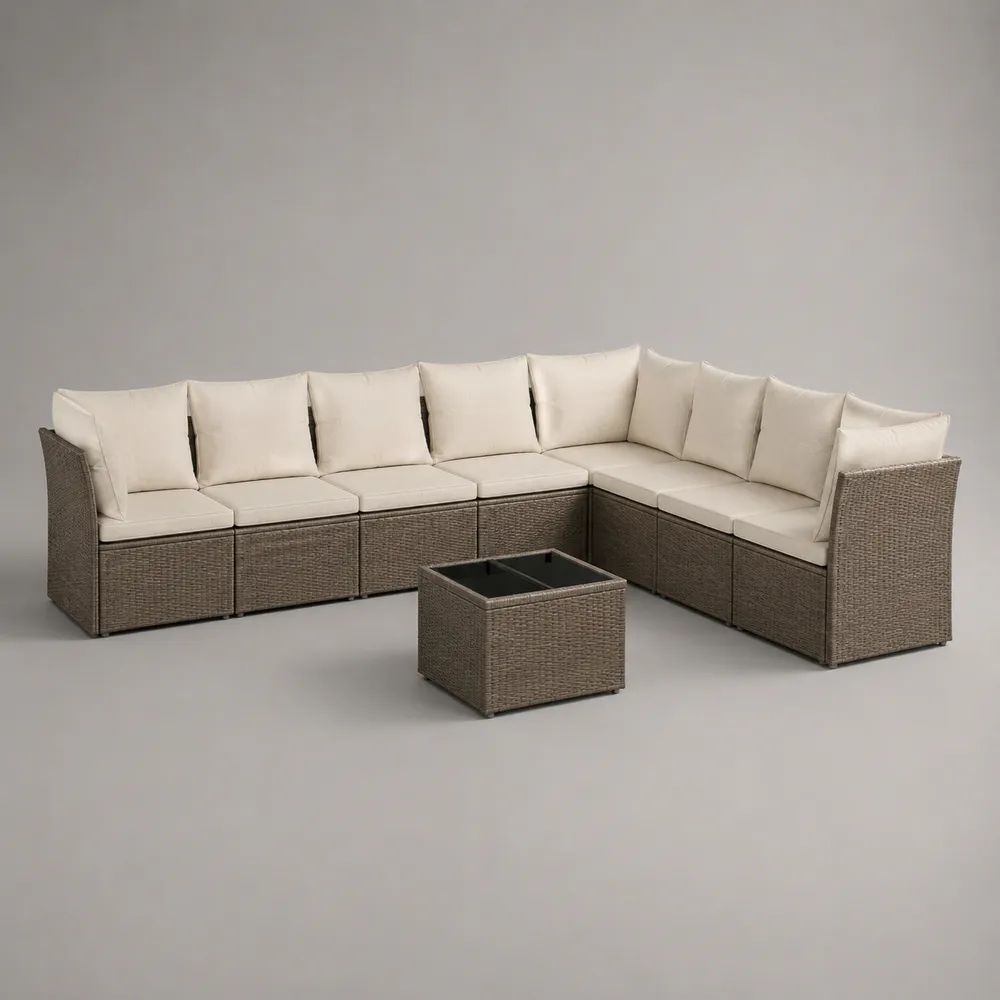 Set divano angolare modulare da esterno 8 pezzi in polyrattan tortora con cuscini crema e tavolino, 266 x 266 x 72 cm
