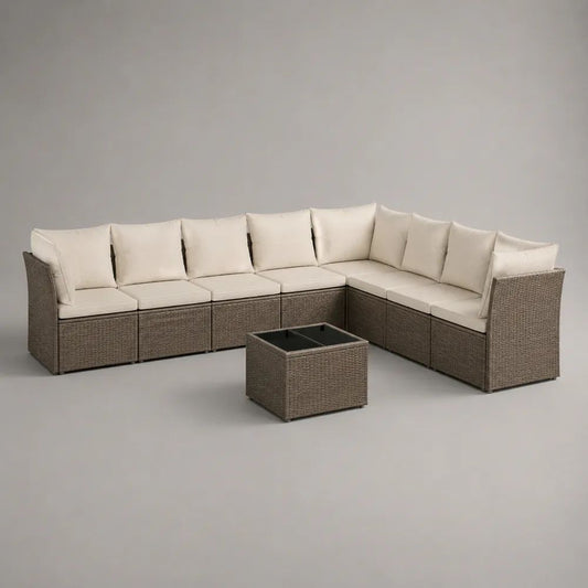 Set divano angolare modulare da esterno 8 pezzi in polyrattan tortora con cuscini crema e tavolino, 266 x 266 x 72 cm