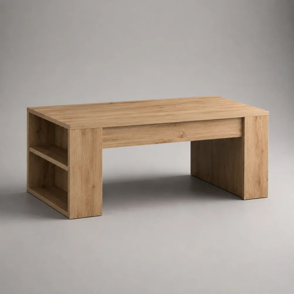Tavolino da salotto rettangolare in pannelli truciolari melaminici effetto rovere naturale con 2 vani, 100 x 50 x 45 cm