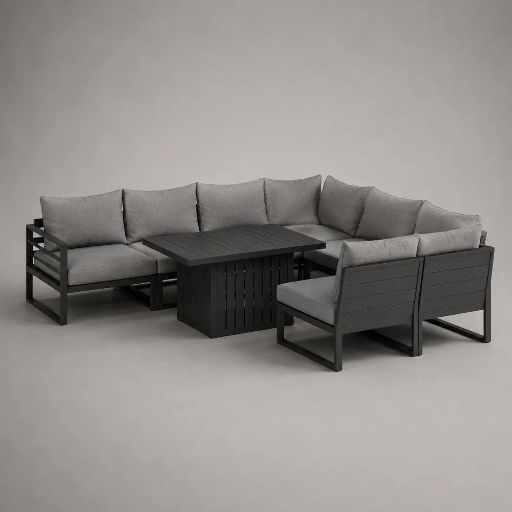 Set salotto da giardino angolare a L 5 pezzi, 7 posti, in alluminio antracite con cuscini grigi e tavolo, 230 x 230 cm