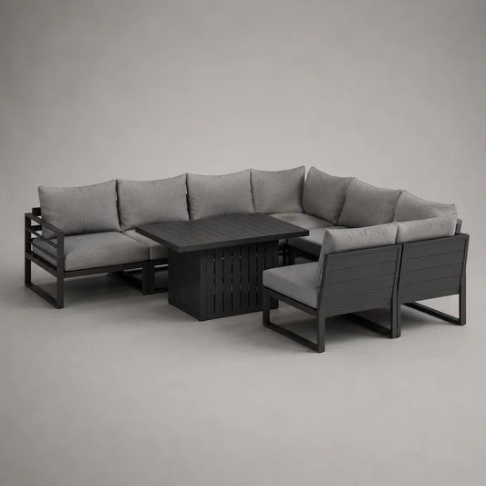 Set salotto da giardino angolare a L 5 pezzi, 7 posti, in alluminio antracite con cuscini grigi e tavolo, 230 x 230 cm