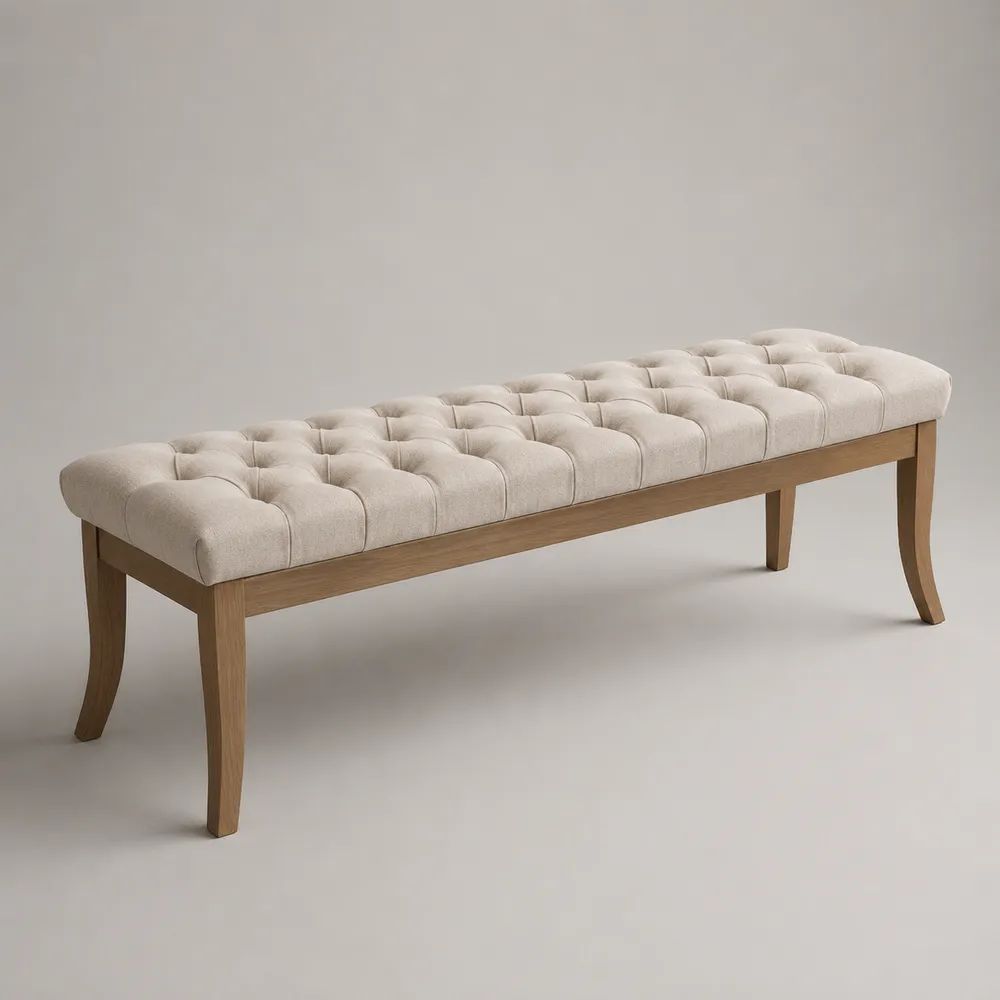 Panca rettangolare imbottita in poliestere e legno massello, beige e marrone naturale, 140 x 40 x 47 cm