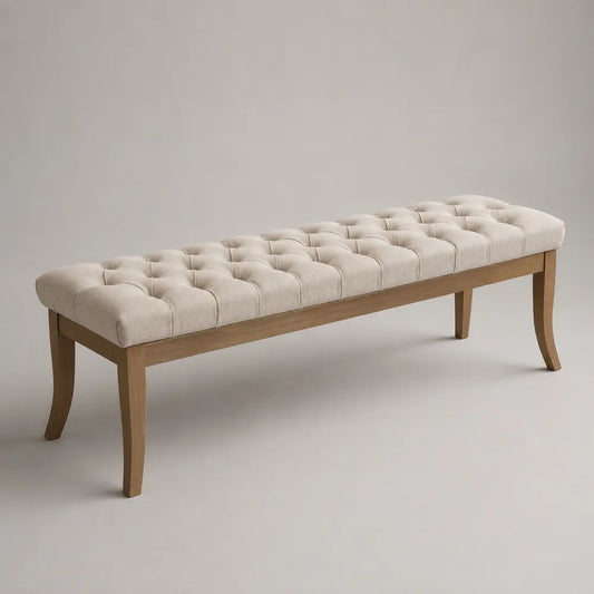 Panca rettangolare imbottita in poliestere e legno massello, beige e marrone naturale, 140 x 40 x 47 cm