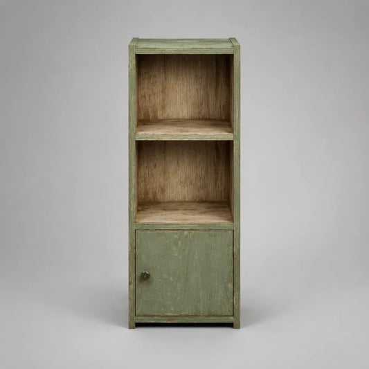 Libreria a colonna in legno verde decapato con 2 vani aperti e anta, 55 × 35 × 160 cm