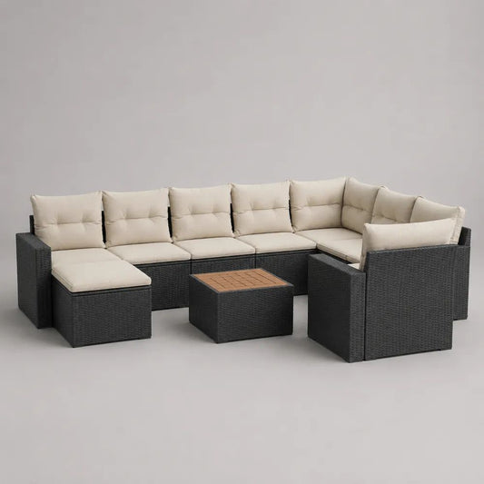 Set divano da giardino modulare 10 pezzi in polyrattan PE nero con cuscini beige e tavolino, 310 x 225 x 74 cm
