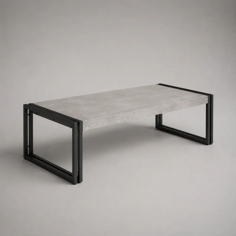 Tavolino da salotto rettangolare in MDF effetto marmo grigio con struttura in acciaio nero, 110 x 60 x 45 cm