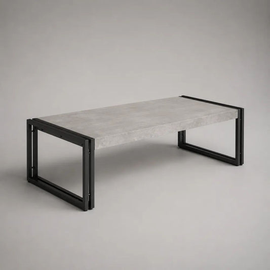 Tavolino da salotto rettangolare in MDF effetto marmo grigio con struttura in acciaio nero, 110 x 60 x 45 cm