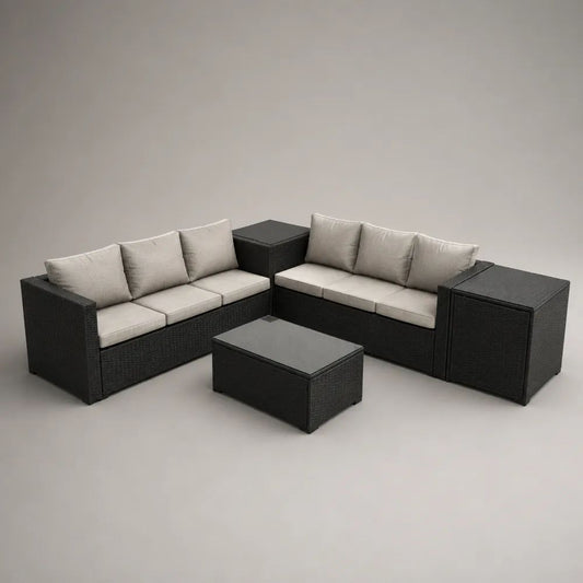 Set salotto da giardino 5 pezzi in polyrattan PE nero con 2 divani a 3 posti, 3 contenitori e cuscini beige, 197 x 75 x 76 cm per divano