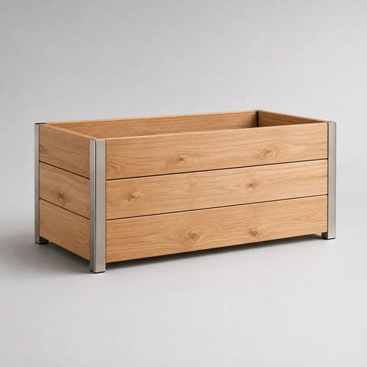 Fioriera rialzata rettangolare da esterno in legno massello e alluminio, naturale e argento, 100 x 50 x 50 cm