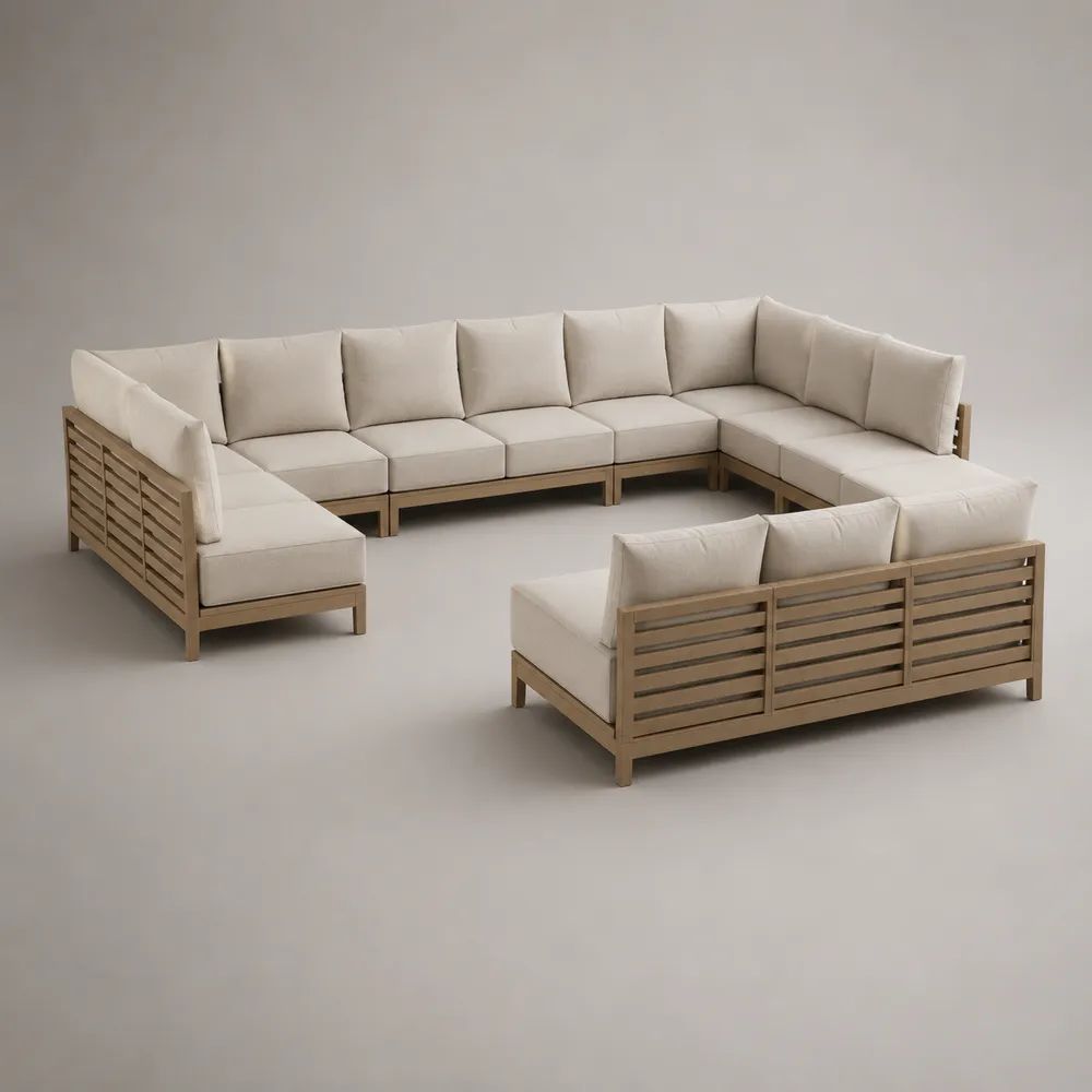 Set modulare da giardino a 11 posti in legno massello di acacia con cuscini beige, composizione a U 350 × 170 × 74 cm e divano 210 × 78 × 74 cm