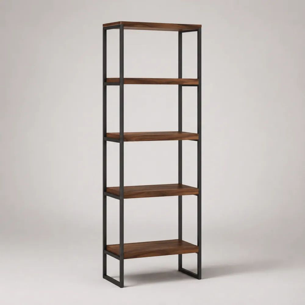 Libreria rettangolare in legno e acciaio con 5 ripiani, marrone noce e nero, 70 x 35 x 180 cm