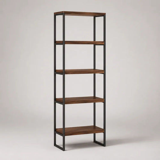 Libreria rettangolare in legno e acciaio con 5 ripiani, marrone noce e nero, 70 x 35 x 180 cm