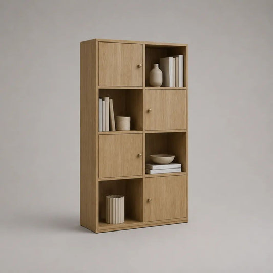 Libreria rettangolare in legno a 8 vani con 4 ante, rovere naturale, 80 x 30 x 160 cm