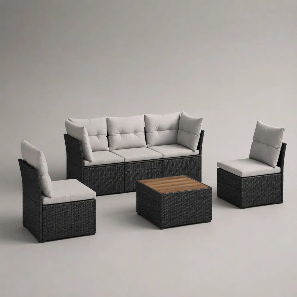 Set salotto da giardino 4 pezzi in rattan PE nero con cuscini grigio chiaro, divano 186 x 66 x 74 cm, 2 poltrone 62 x 66 x 74 cm e tavolino 65 x 65 x 35 cm