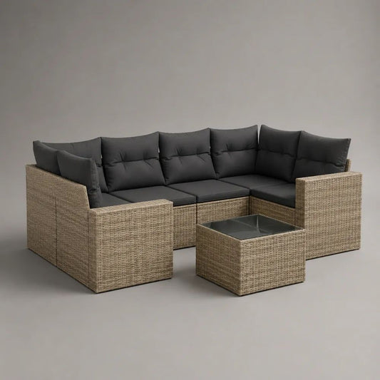Salotto da giardino angolare a U 7 pezzi in polyrattan e acciaio con tavolino, beige e grigio antracite, 280 x 140 x 61 cm