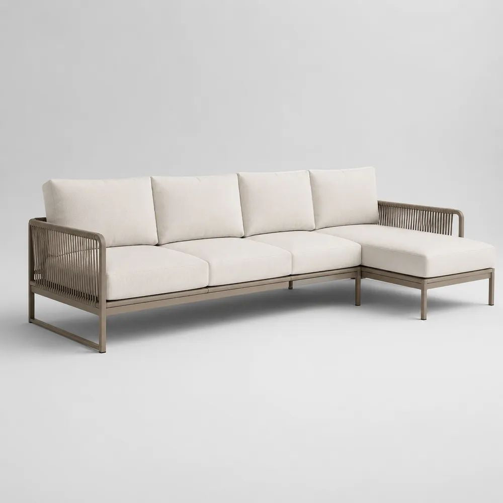Set divano angolare da giardino a 4 posti in alluminio e corda con chaise longue destra, tortora e crema, 260 x 160 x 76 cm