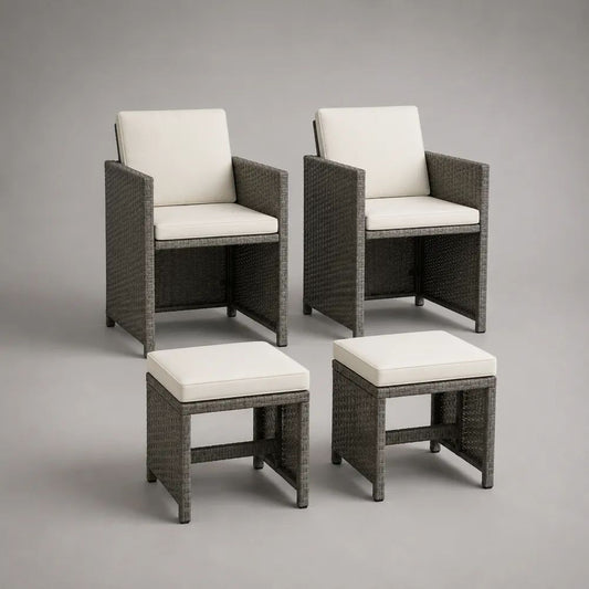 Set da esterno 4 pezzi in polyrattan grigio con 2 poltrone 58 x 60 x 85 cm e 2 poggiapiedi 42 x 42 x 42 cm, cuscini crema