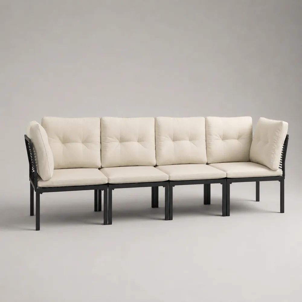 Set divano da giardino modulare a 4 posti in acciaio e tessuto nero e crema, 240 x 70 x 78 cm