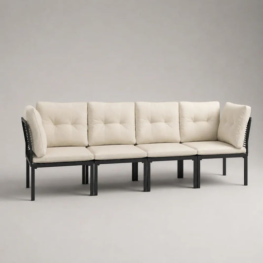 Set divano da giardino modulare a 4 posti in acciaio e tessuto nero e crema, 240 x 70 x 78 cm