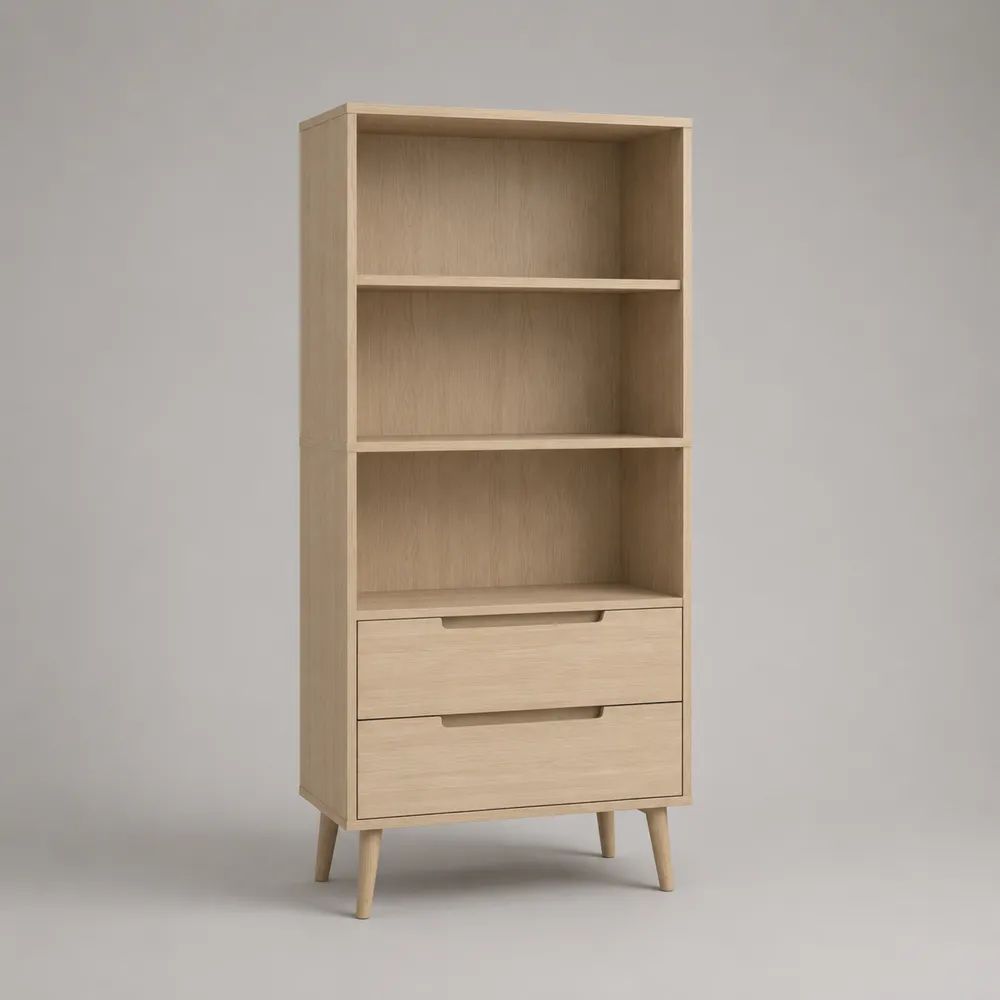 Libreria rettangolare in legno con 3 vani e 2 cassetti, rovere chiaro, 60 x 35 x 160 cm