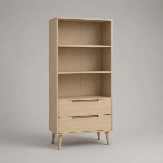 Libreria rettangolare in legno con 3 vani e 2 cassetti, rovere chiaro, 60 x 35 x 160 cm
