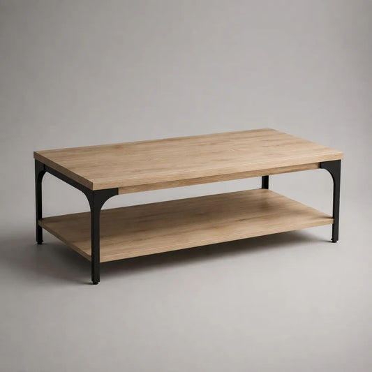 Tavolino da salotto rettangolare a 2 livelli in pannello truciolare melaminico e acciaio, rovere naturale e nero, 100 × 55 × 45 cm
