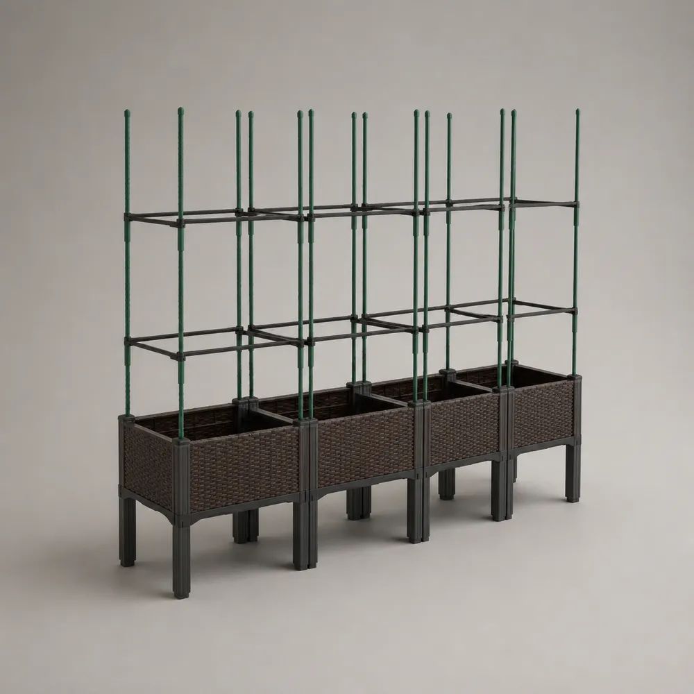 Set di 4 fioriere rialzate rettangolari con traliccio in PP e acciaio, marrone scuro, verde scuro e nero, 160 x 40 x 150 cm